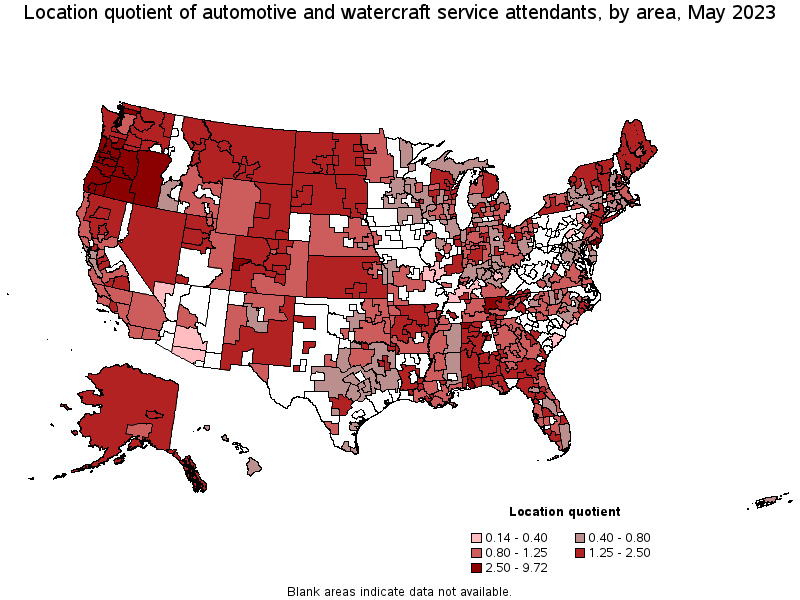 Map of location quotient of automotive and watercraft service attendants by area, May 2023