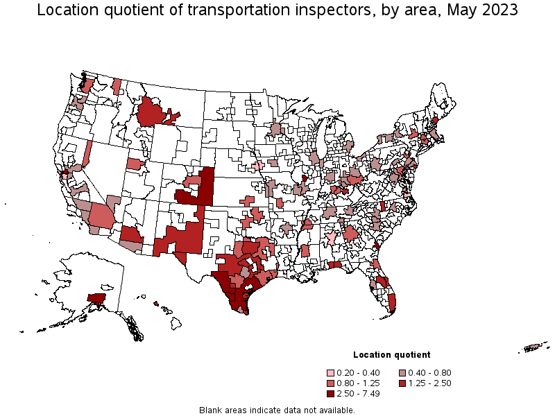 Map of location quotient of transportation inspectors by area, May 2023