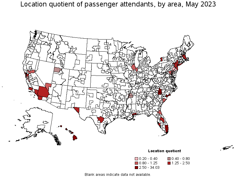 Map of location quotient of passenger attendants by area, May 2023
