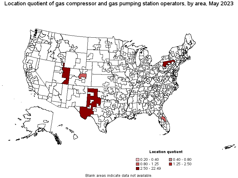 Map of location quotient of gas compressor and gas pumping station operators by area, May 2023