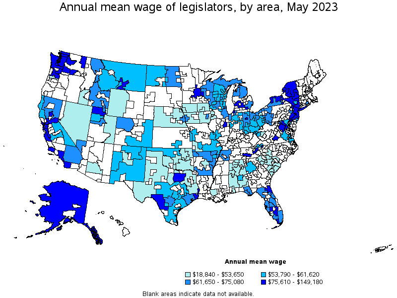 Map of annual mean wages of legislators by area, May 2023