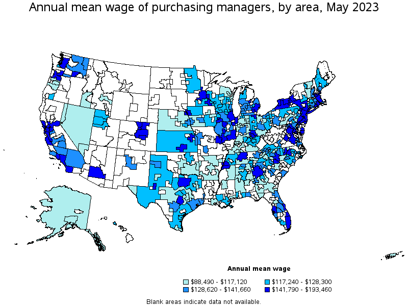 Map of annual mean wages of purchasing managers by area, May 2023