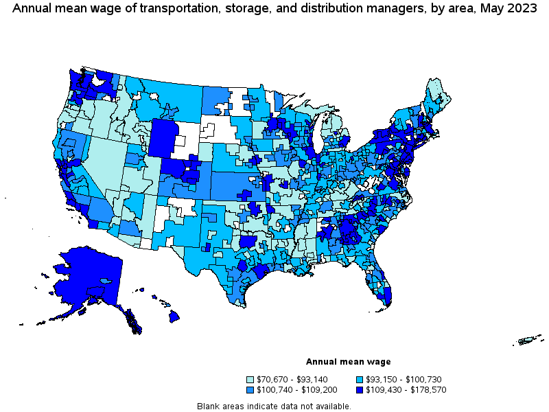 Map of annual mean wages of transportation, storage, and distribution managers by area, May 2023