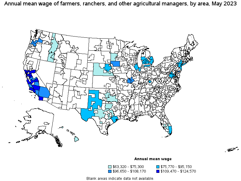 Map of annual mean wages of farmers, ranchers, and other agricultural managers by area, May 2023