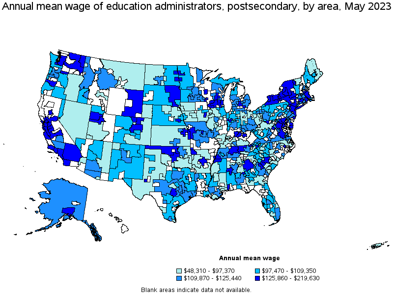 Map of annual mean wages of education administrators, postsecondary by area, May 2023