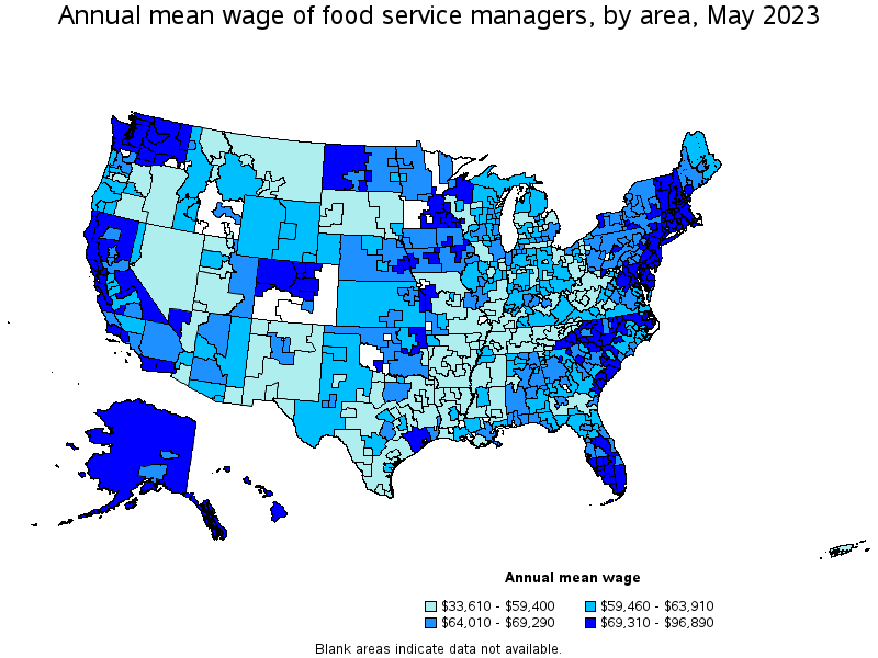 Map of annual mean wages of food service managers by area, May 2023