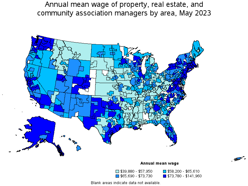 Map of annual mean wages of property, real estate, and community association managers by area, May 2023
