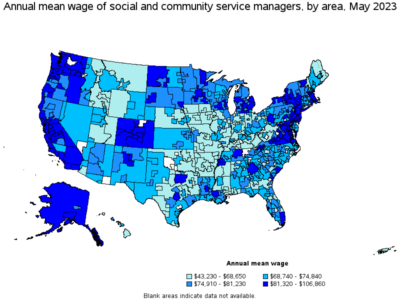 Map of annual mean wages of social and community service managers by area, May 2023