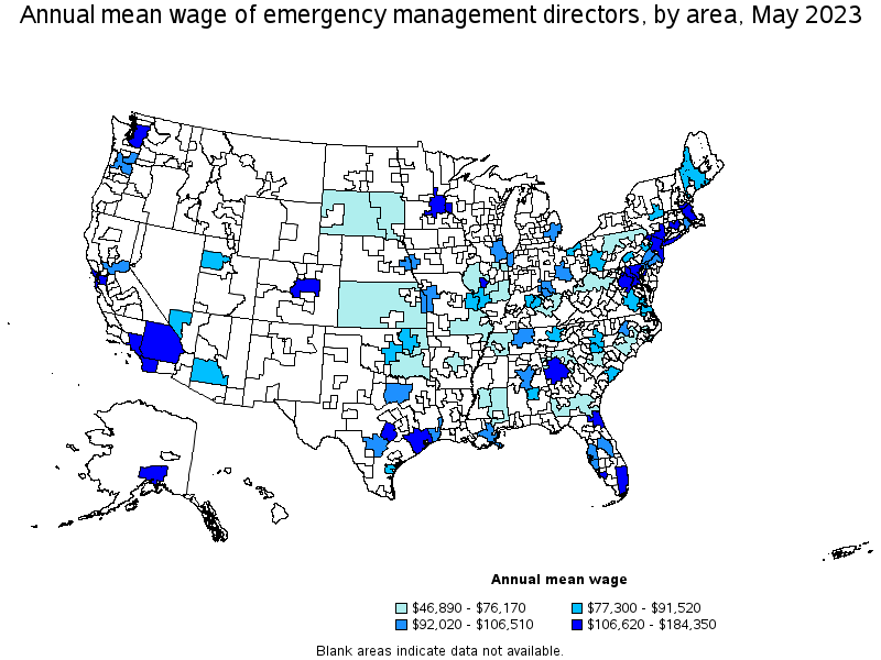 Map of annual mean wages of emergency management directors by area, May 2023
