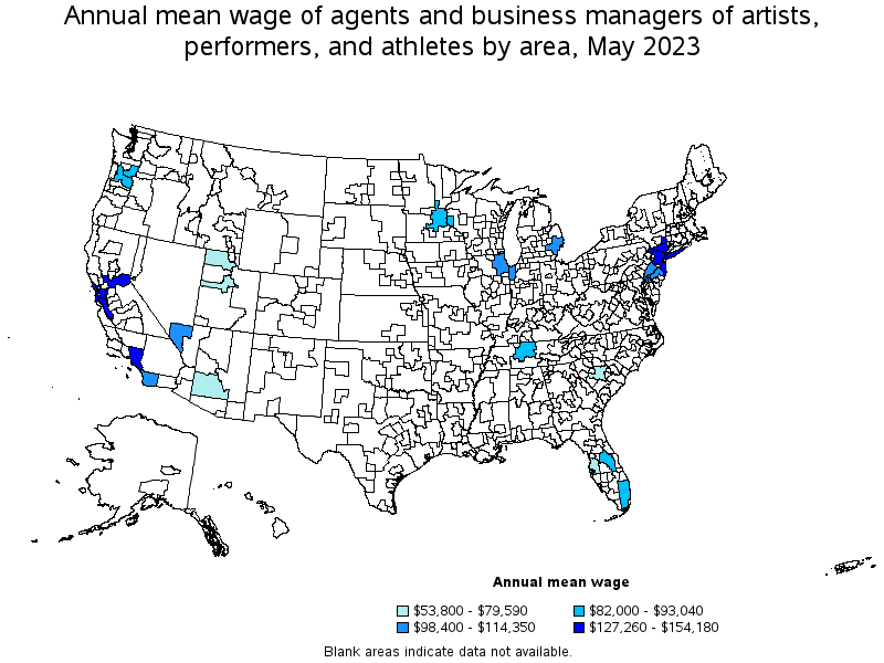 Map of annual mean wages of agents and business managers of artists, performers, and athletes by area, May 2023