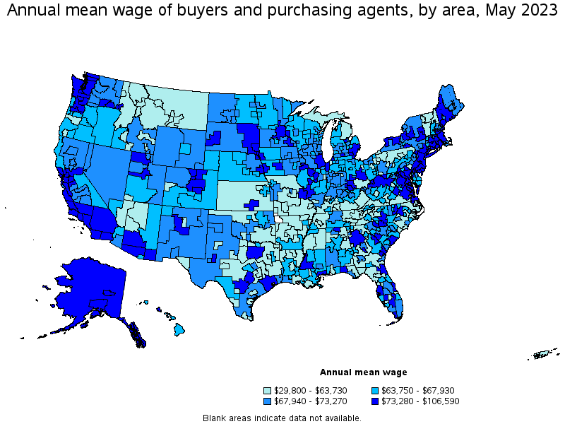 Map of annual mean wages of buyers and purchasing agents by area, May 2023
