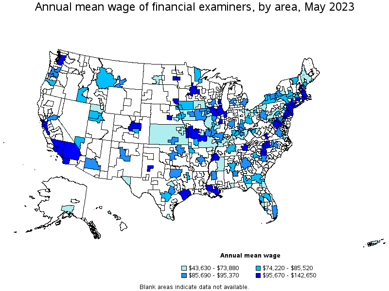 Map of annual mean wages of financial examiners by area, May 2023