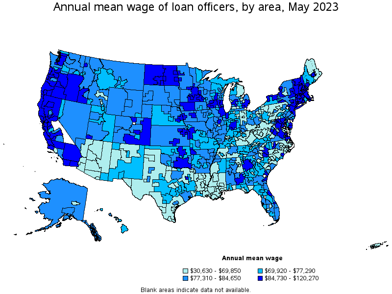 Map of annual mean wages of loan officers by area, May 2023