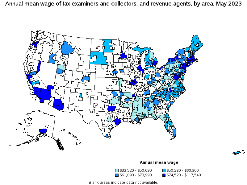 Map of annual mean wages of tax examiners and collectors, and revenue agents by area, May 2023