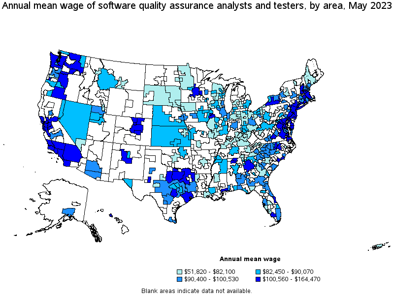 Map of annual mean wages of software quality assurance analysts and testers by area, May 2023