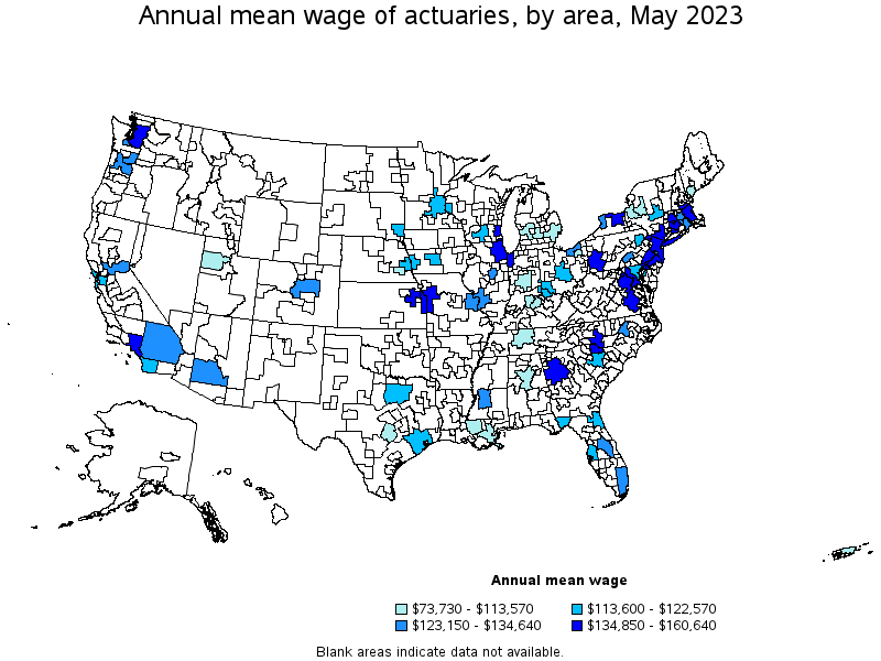 Map of annual mean wages of actuaries by area, May 2023