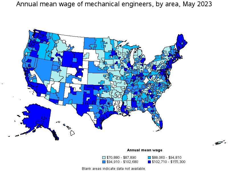 Map of annual mean wages of mechanical engineers by area, May 2023