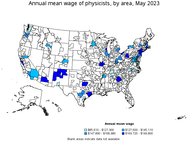 Map of annual mean wages of physicists by area, May 2023