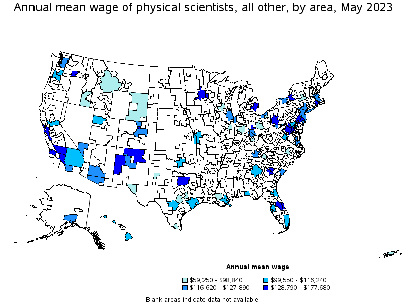 Map of annual mean wages of physical scientists, all other by area, May 2023