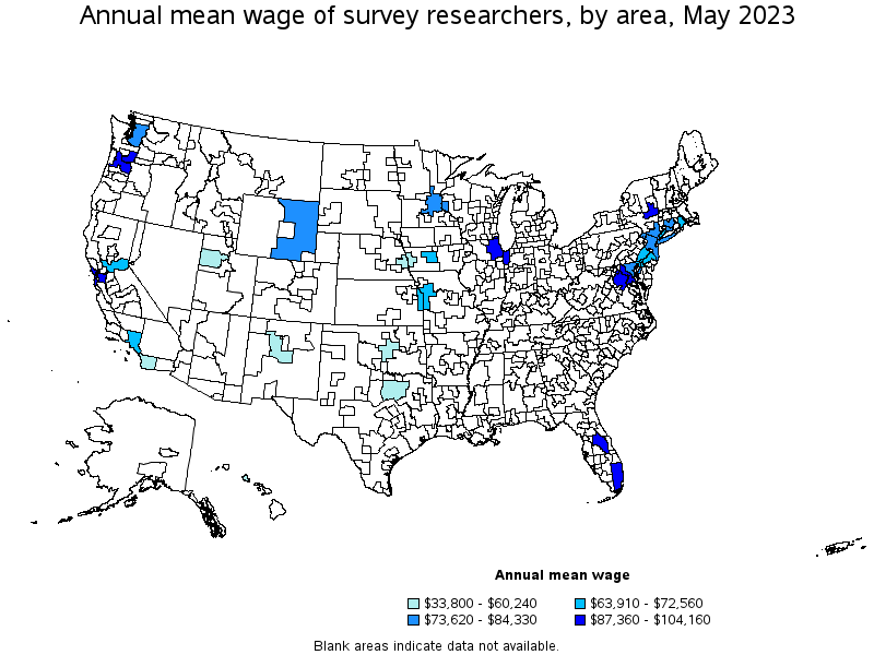 Map of annual mean wages of survey researchers by area, May 2023