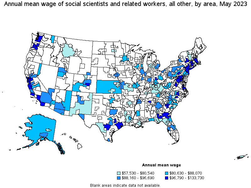 Map of annual mean wages of social scientists and related workers, all other by area, May 2023