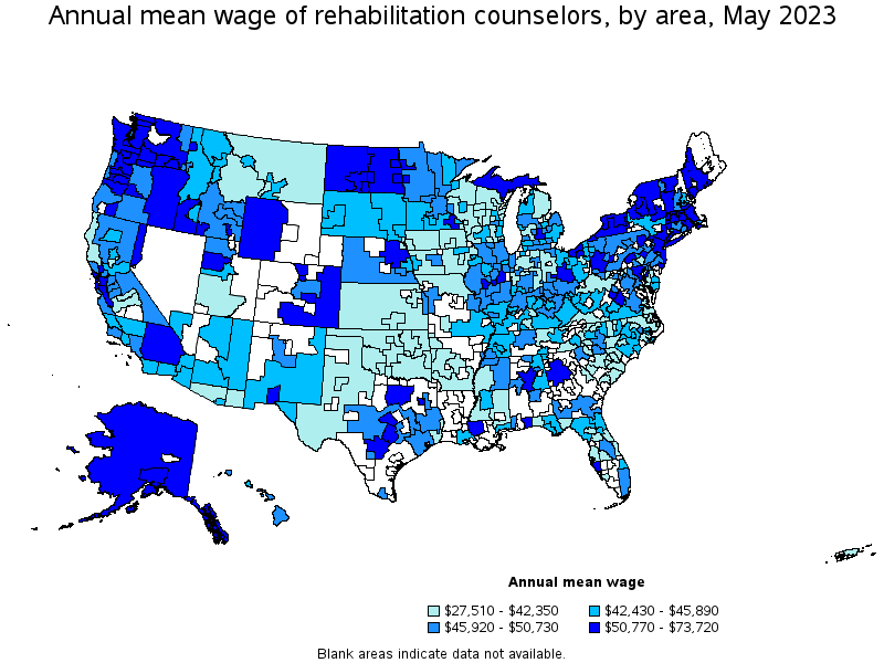 Map of annual mean wages of rehabilitation counselors by area, May 2023