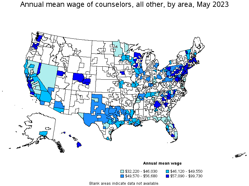 Map of annual mean wages of counselors, all other by area, May 2023