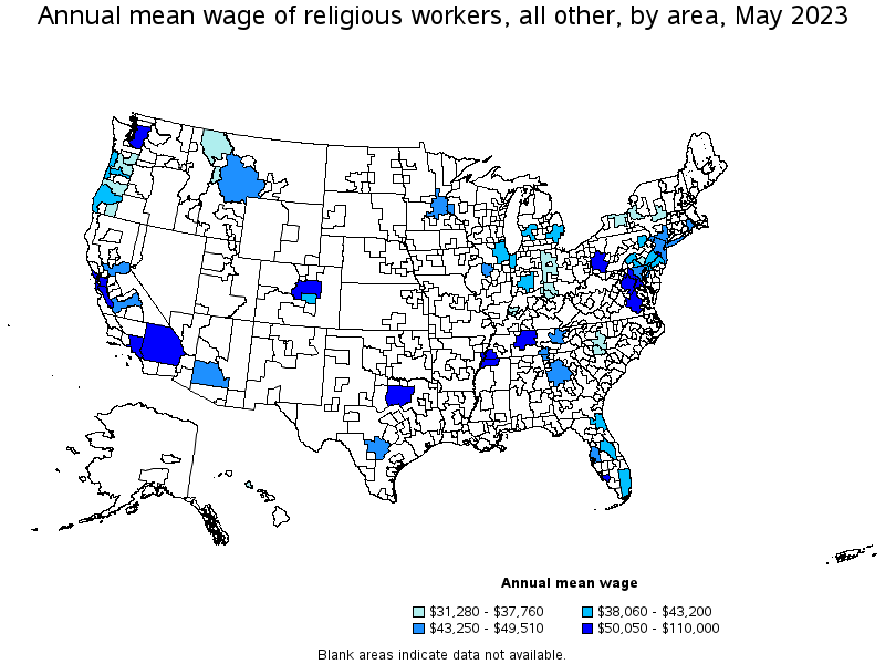 Map of annual mean wages of religious workers, all other by area, May 2023