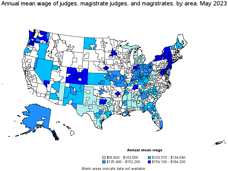 Map of annual mean wages of judges, magistrate judges, and magistrates by area, May 2023