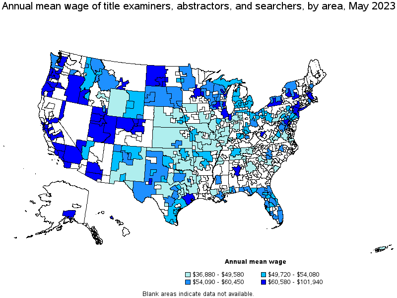 Map of annual mean wages of title examiners, abstractors, and searchers by area, May 2023