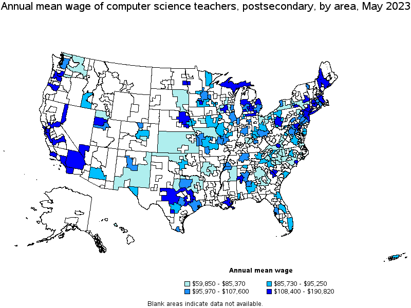 Map of annual mean wages of computer science teachers, postsecondary by area, May 2023