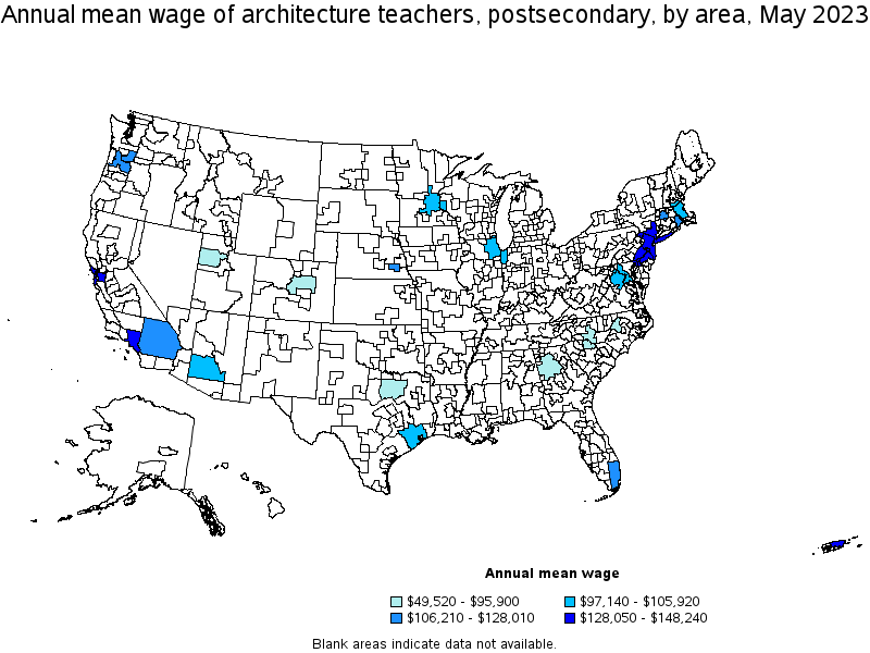 Map of annual mean wages of architecture teachers, postsecondary by area, May 2023