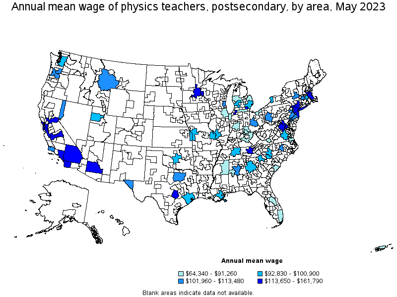 Map of annual mean wages of physics teachers, postsecondary by area, May 2023