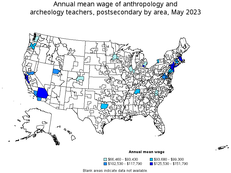 Map of annual mean wages of anthropology and archeology teachers, postsecondary by area, May 2023