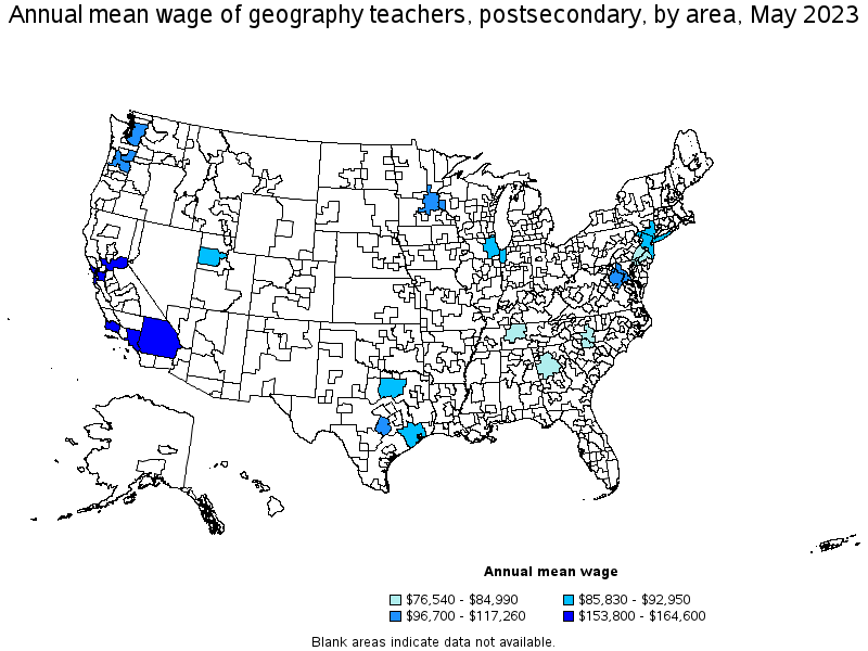 Map of annual mean wages of geography teachers, postsecondary by area, May 2023