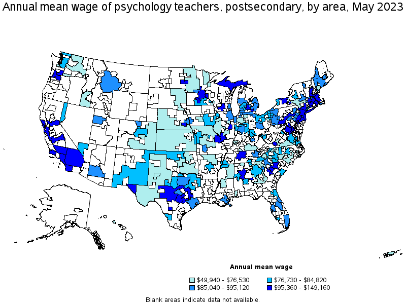 Map of annual mean wages of psychology teachers, postsecondary by area, May 2023
