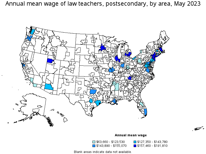 Map of annual mean wages of law teachers, postsecondary by area, May 2023