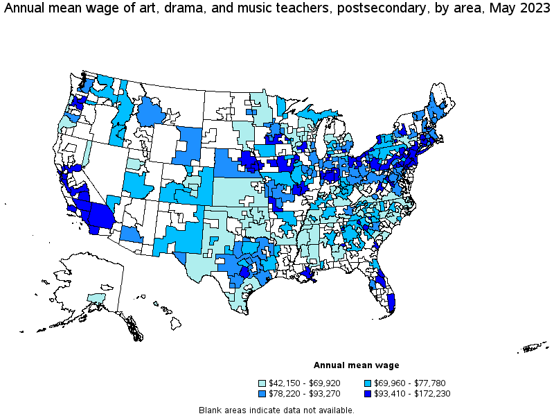 Map of annual mean wages of art, drama, and music teachers, postsecondary by area, May 2023