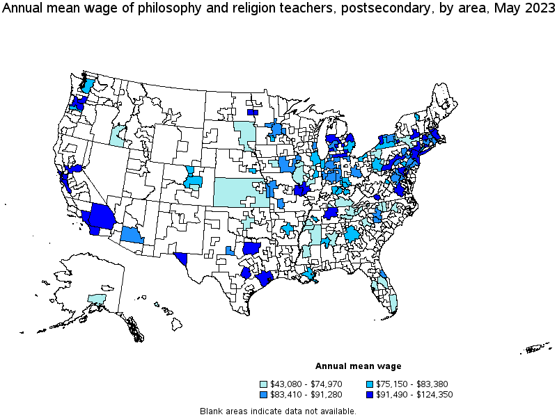 Map of annual mean wages of philosophy and religion teachers, postsecondary by area, May 2023