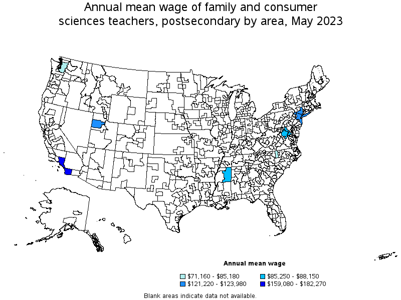 Map of annual mean wages of family and consumer sciences teachers, postsecondary by area, May 2023