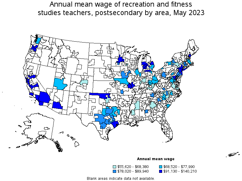 Map of annual mean wages of recreation and fitness studies teachers, postsecondary by area, May 2023