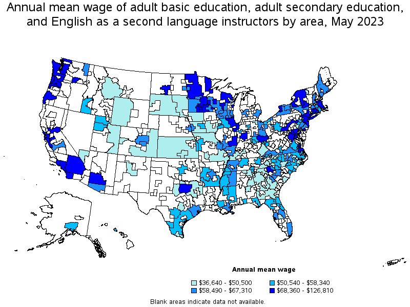 Map of annual mean wages of adult basic education, adult secondary education, and english as a second language instructors by area, May 2023