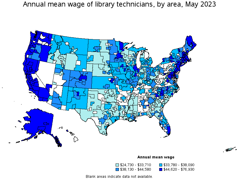 Map of annual mean wages of library technicians by area, May 2022