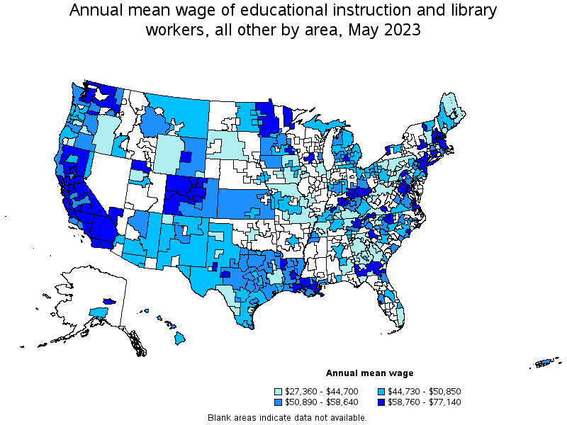 Map of annual mean wages of educational instruction and library workers, all other by area, May 2023