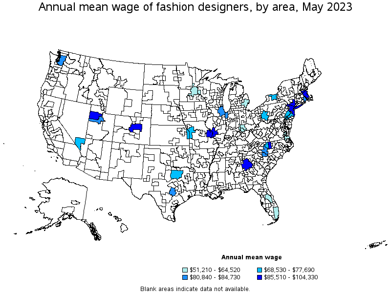 Map of annual mean wages of fashion designers by area, May 2023