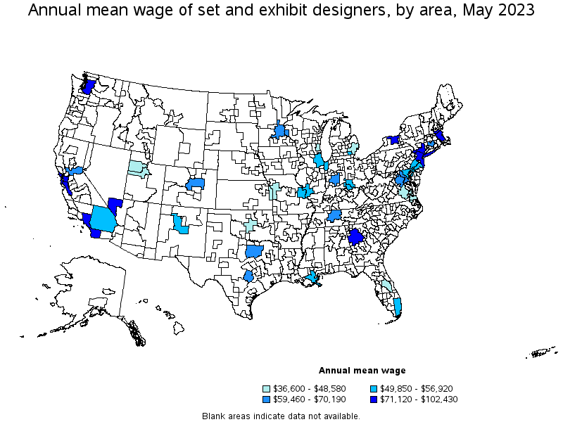 Map of annual mean wages of set and exhibit designers by area, May 2023