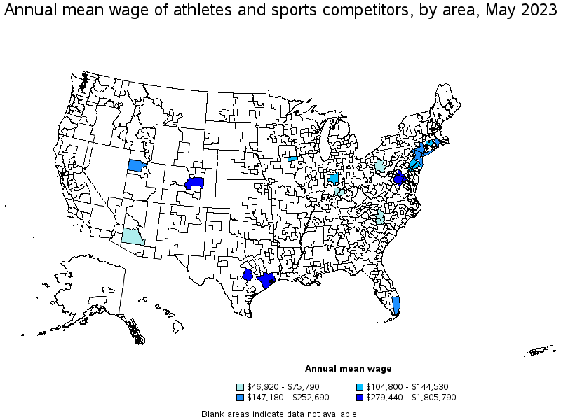 Map of annual mean wages of athletes and sports competitors by area, May 2023