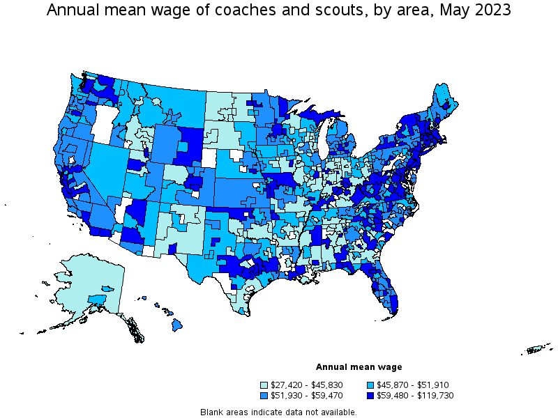 Map of annual mean wages of coaches and scouts by area, May 2023