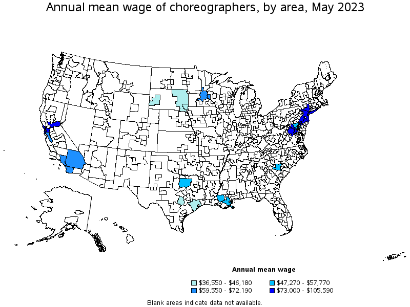Map of annual mean wages of choreographers by area, May 2023