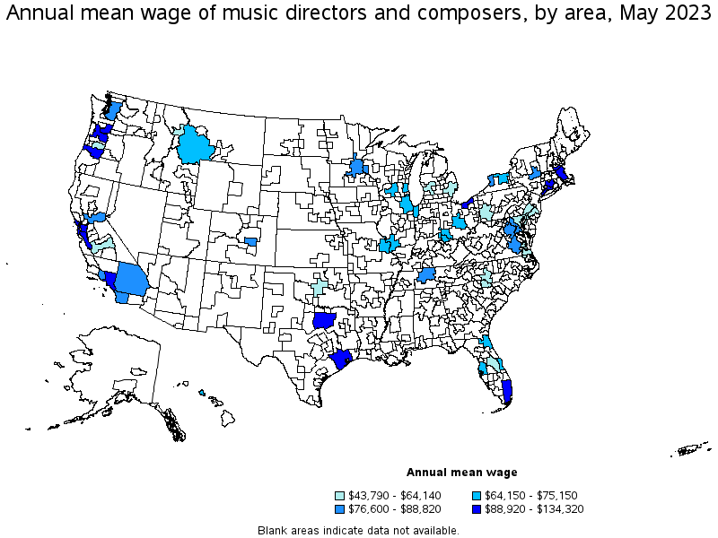 Map of annual mean wages of music directors and composers by area, May 2023